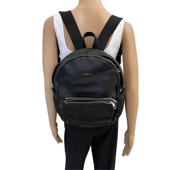 STATE Black Pebble Genuine Leather Backpack  w 3 Exterior Zip Pockets *Pristine - Picture 4 of 13